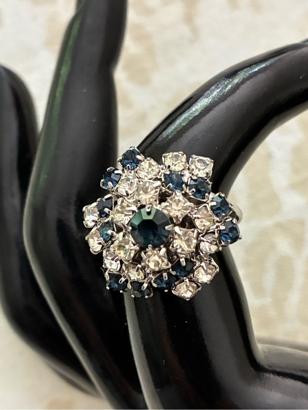 Sarah Coventry 1970 “Regency” Cocktail Ring Blue White Silver Tone Adjustable